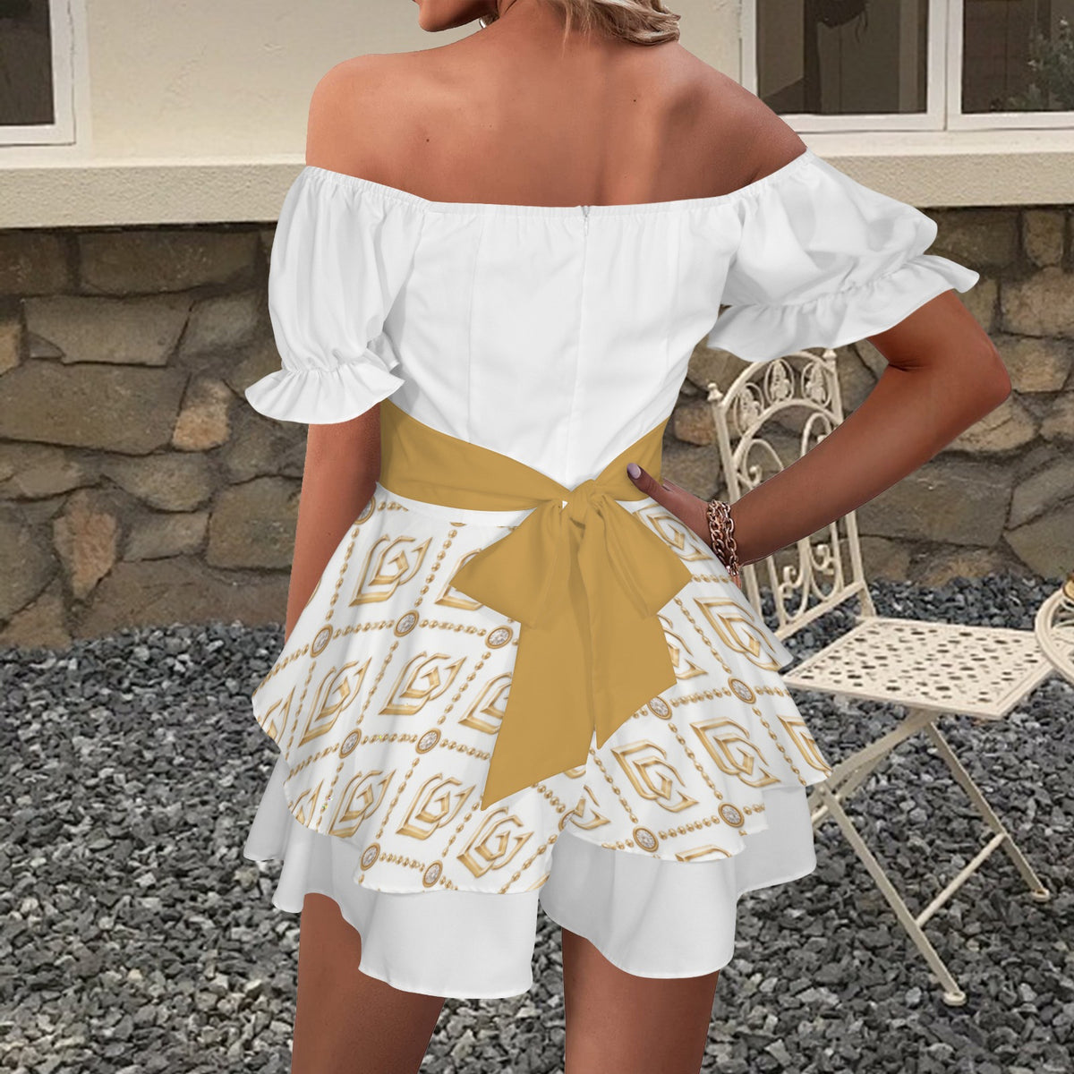 Giamorae Off Shoulder White Gold Women's  Ruffle Hem Dress