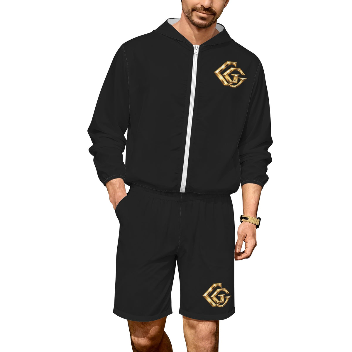 Men Black Giamorae Lightweight Outdoor Hoodie & Shorts Set