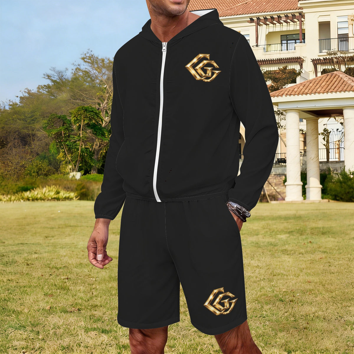 Men Black Giamorae Lightweight Outdoor Hoodie & Shorts Set