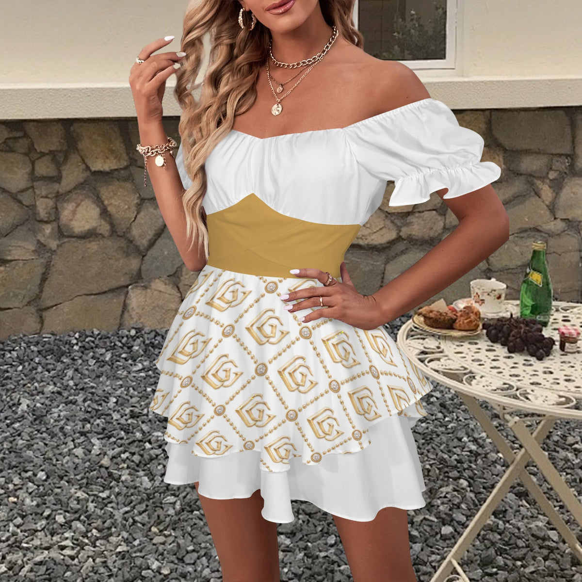 Giamorae Off Shoulder White Gold Women's  Ruffle Hem Dress
