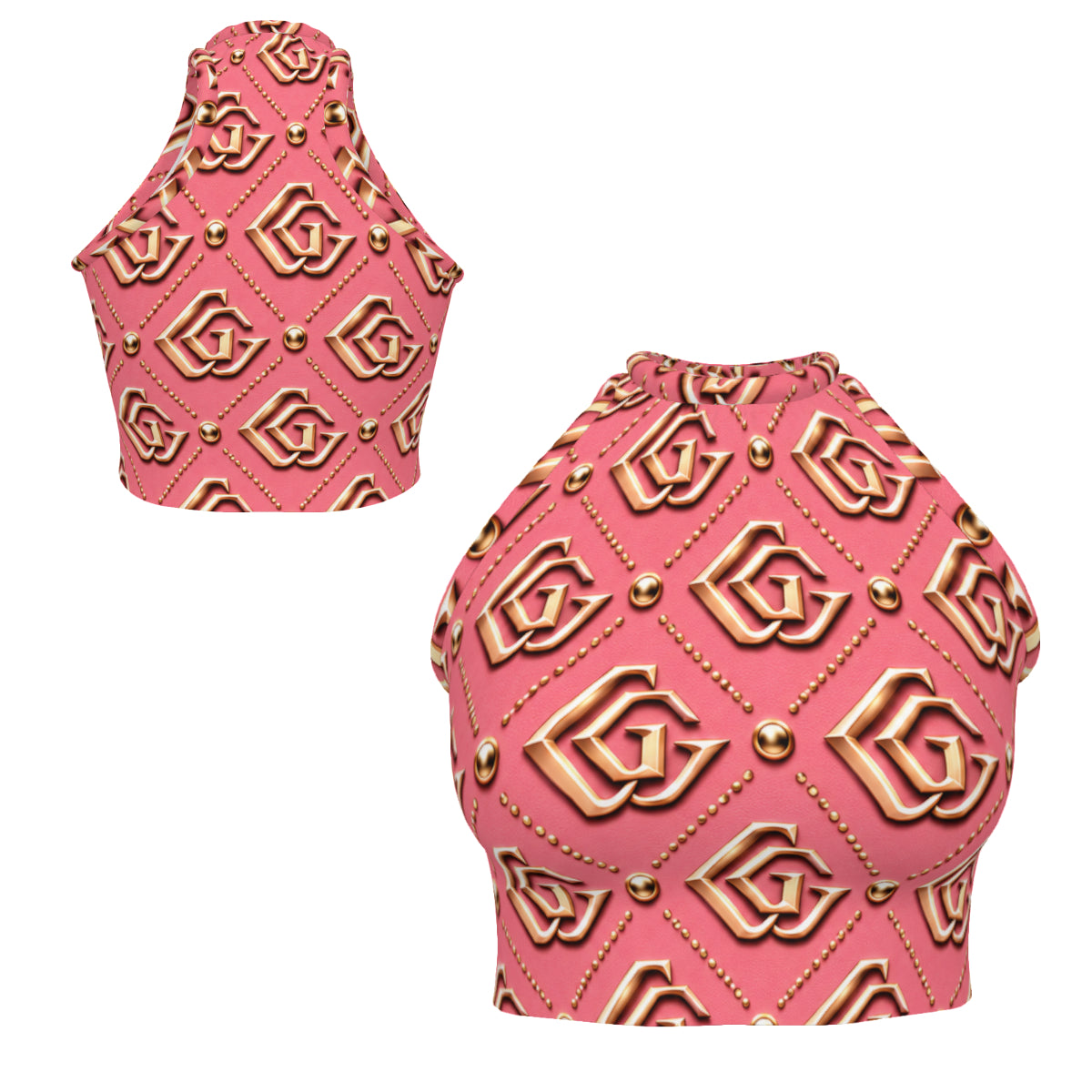 Pink Monogram Giamorae' Women's Sleeveless High Neck Crop Tank Top