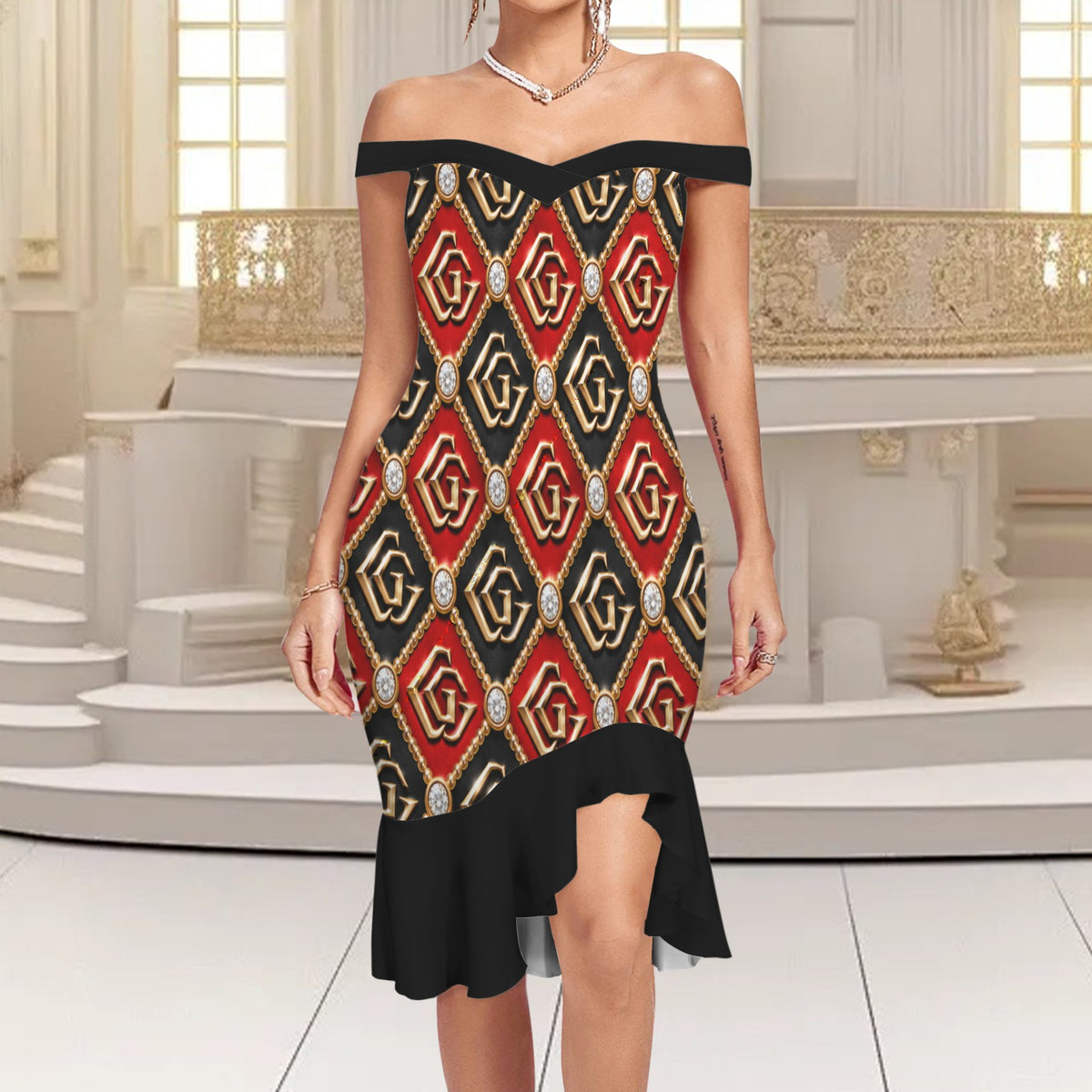 Giamorae Off Shoulder Red Black Dinner Dress Women's with Ruffle Hem