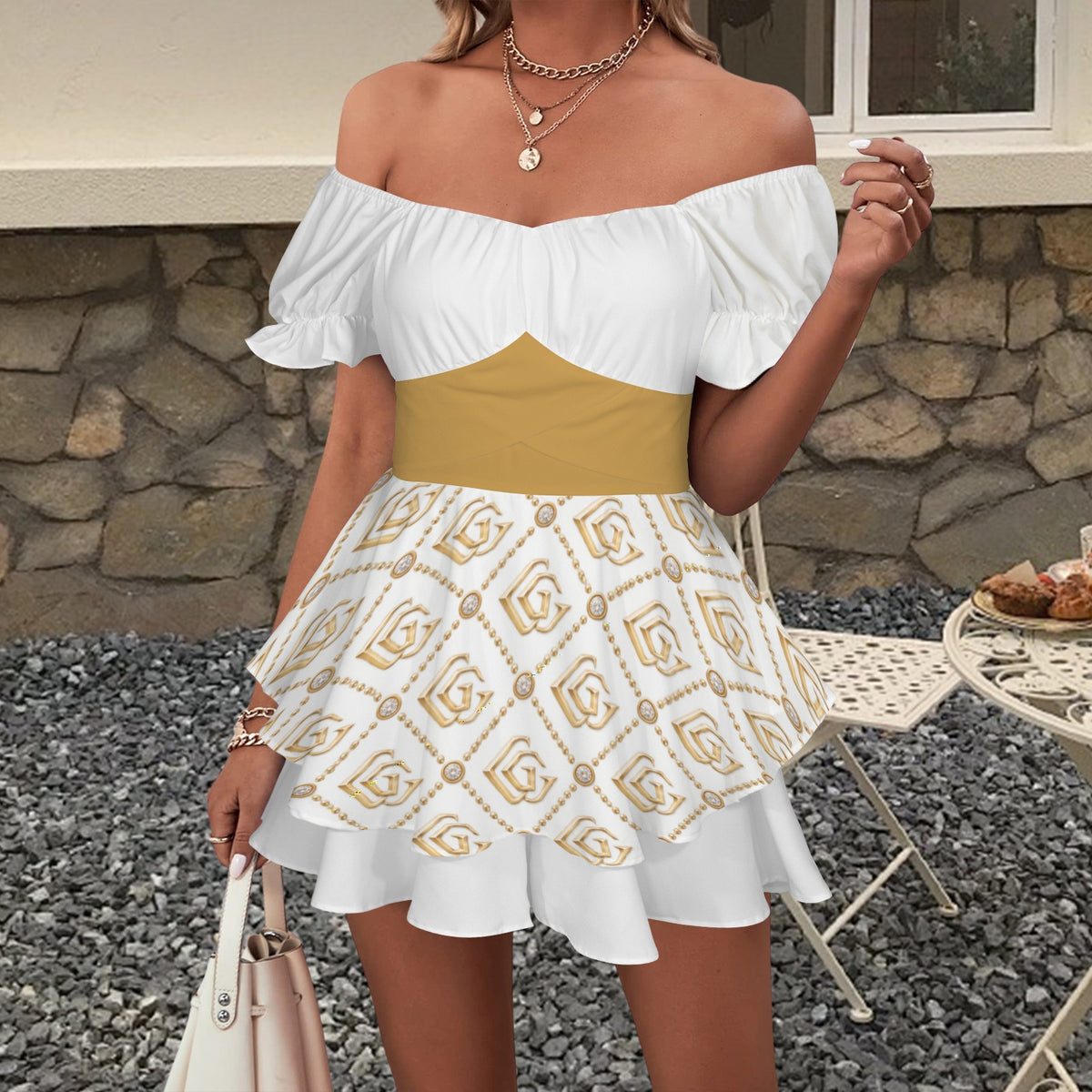 Giamorae Off Shoulder White Gold Women's  Ruffle Hem Dress