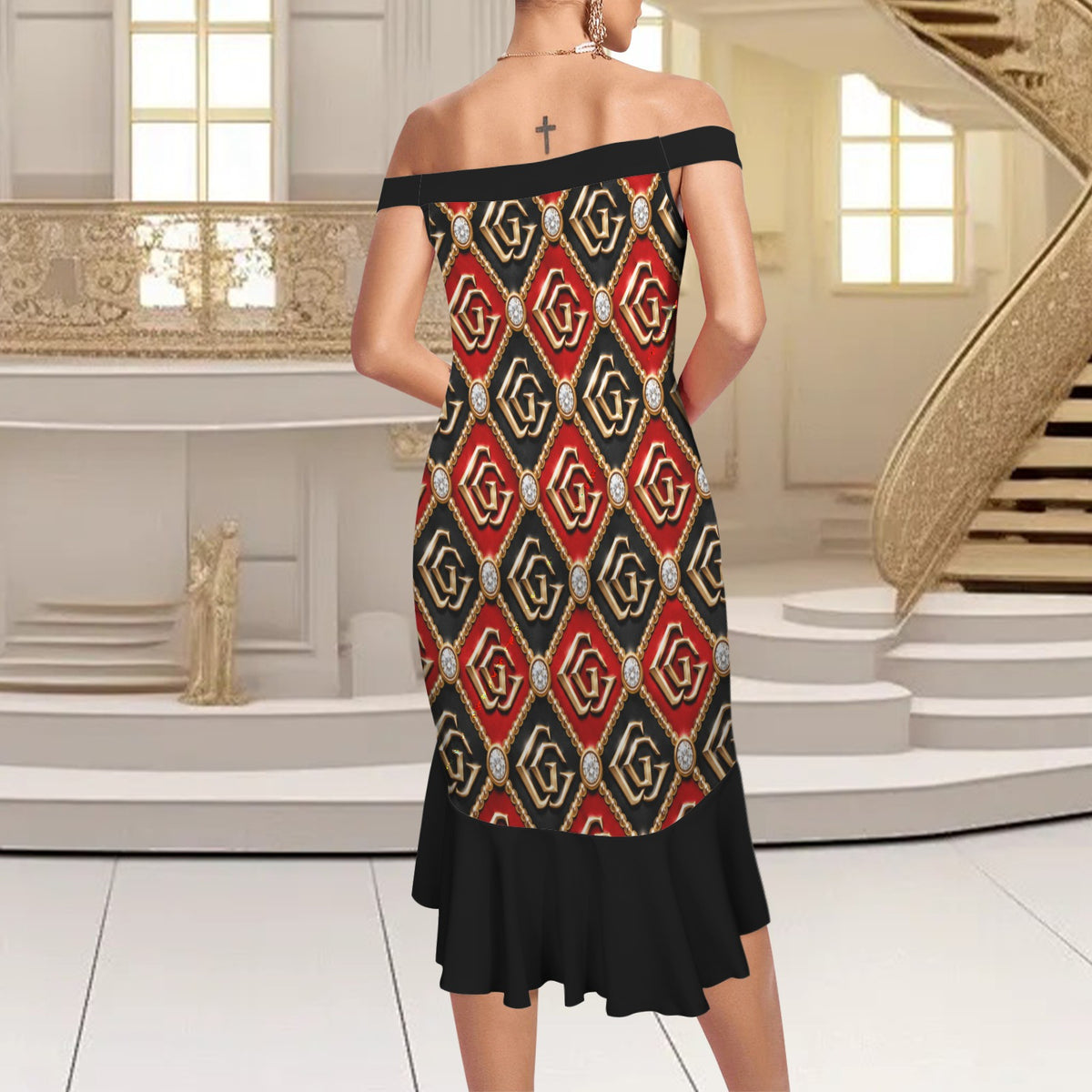 Giamorae Off Shoulder Red Black Dinner Dress Women's with Ruffle Hem