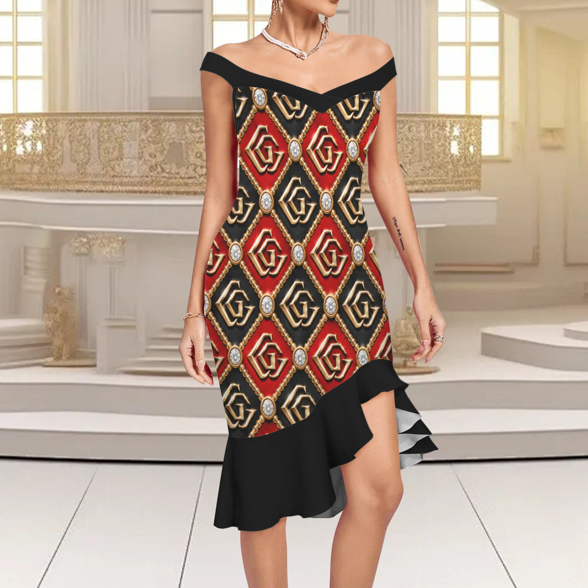 Giamorae Off Shoulder Red Black Dinner Dress Women's with Ruffle Hem